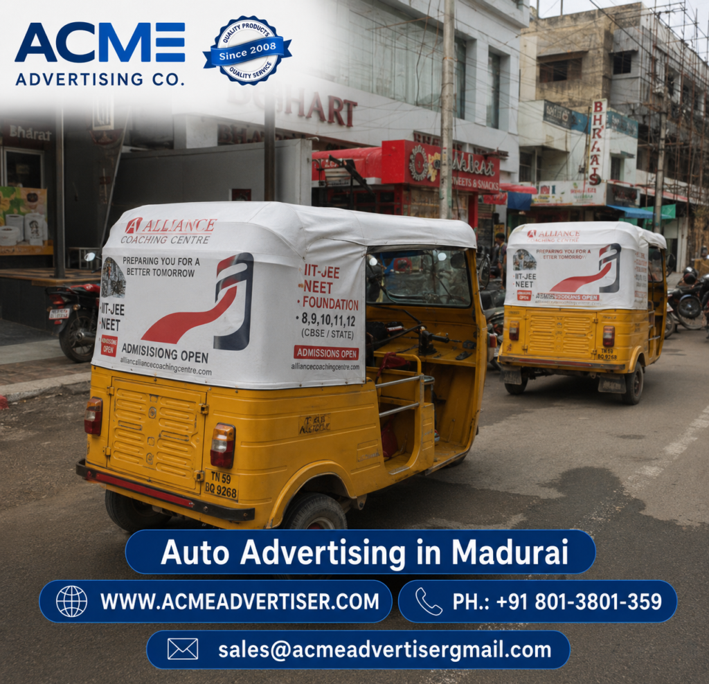Professional outdoor transit branding campaign by ACME Advertising showcasing mobile marketing services in Madurai.