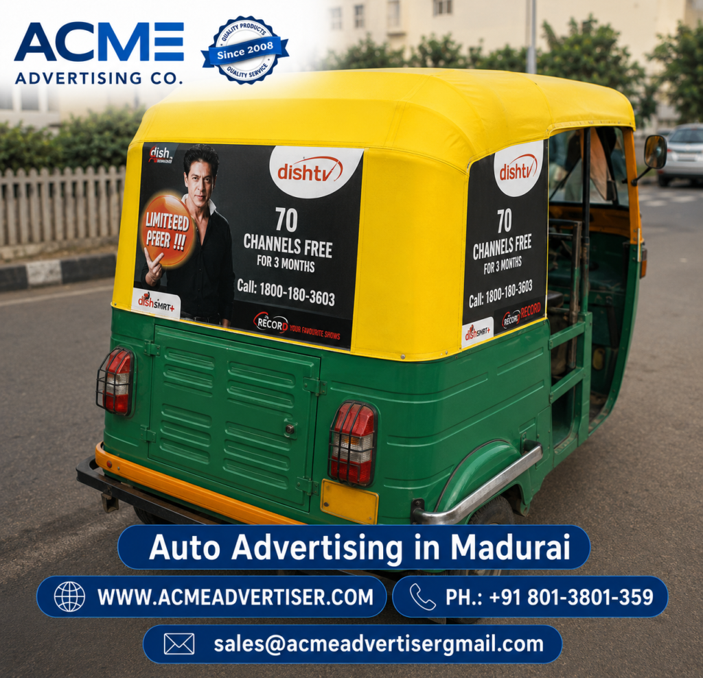 Professional outdoor transit branding campaign by ACME Advertising showcasing mobile marketing services in Madurai.