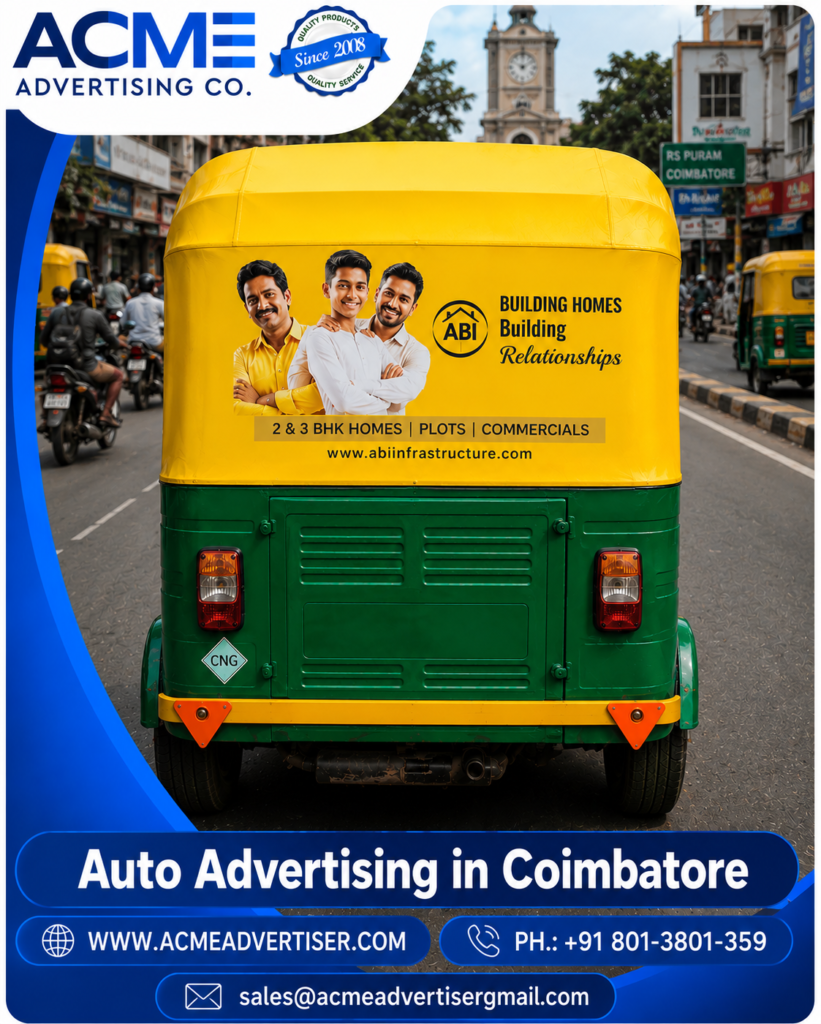 Professional outdoor transit branding campaign by ACME Advertising on city streets in Coimbatore.