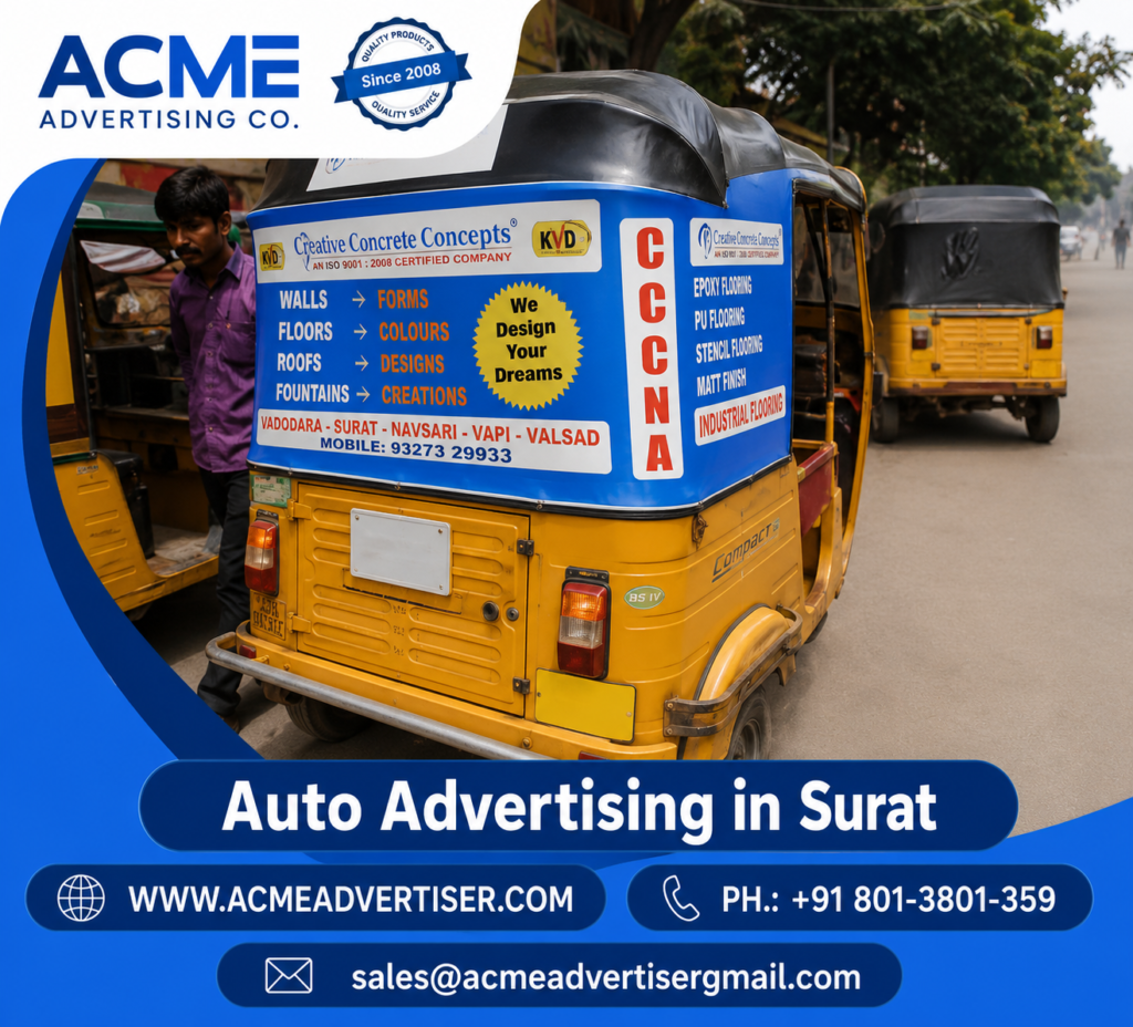 Outdoor transit branding campaign by ACME Advertising showcasing mobile marketing services on busy streets in Surat.