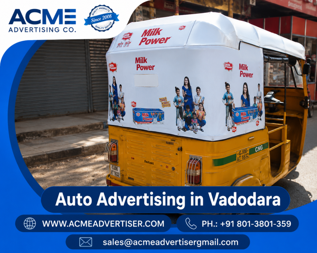 Professional outdoor transit branding campaign by ACME Advertising on busy streets in Vadodara.