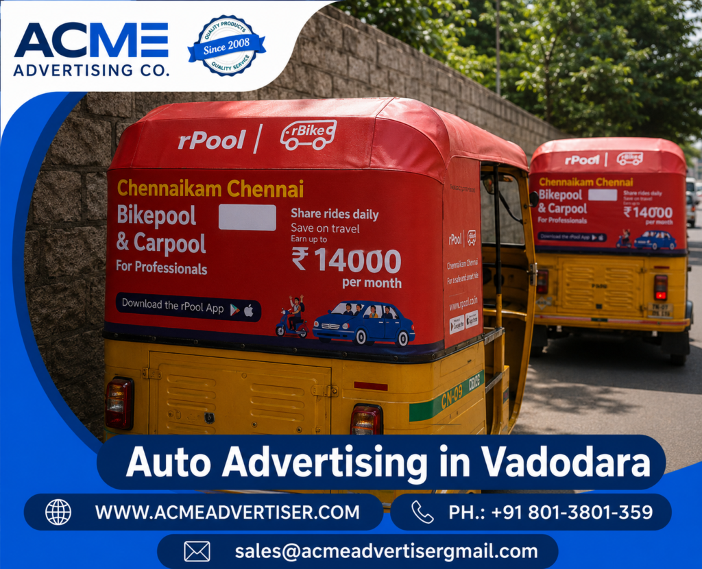 Professional outdoor transit branding campaign by ACME Advertising on busy streets in Vadodara.