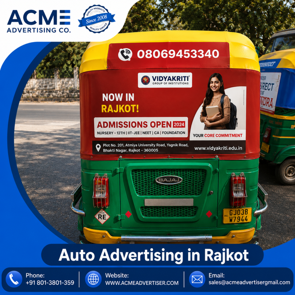 Professional outdoor transit branding campaign by ACME Advertising on busy streets in Rajkot.