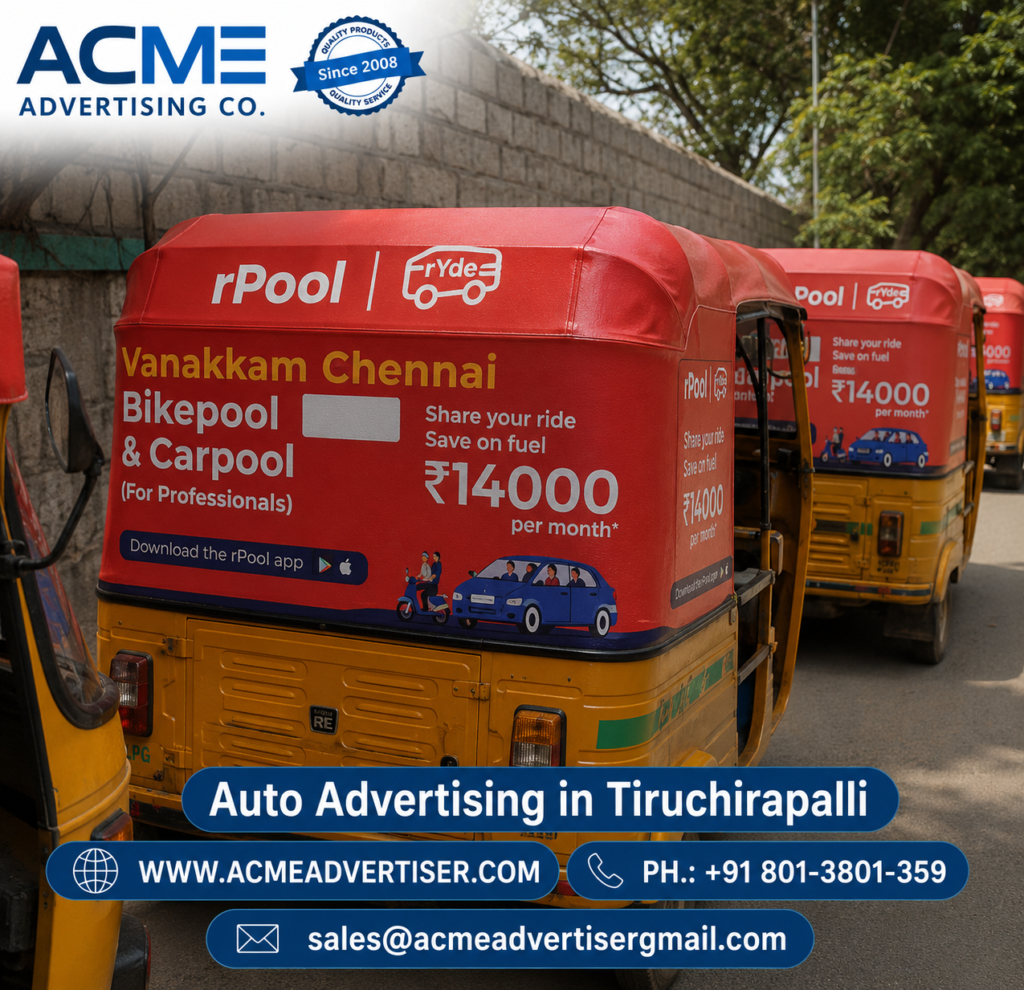 Outdoor transit branding campaign by ACME Advertising showcasing mobile marketing services on city roads in Tiruchirapalli.