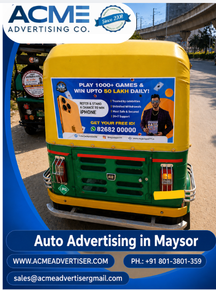 Auto rickshaw advertising in Mysore promoting a gaming app campaign by ACME Advertising Co with high-visibility mobile outdoor branding Auto Advertising Company In Gurugram