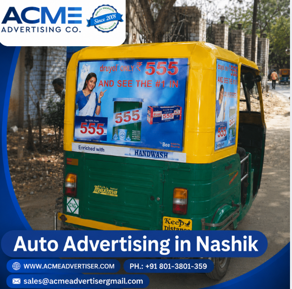 Yellow and black auto rickshaw driving on a city road in Nashik with a vibrant branded display panel on the back side.