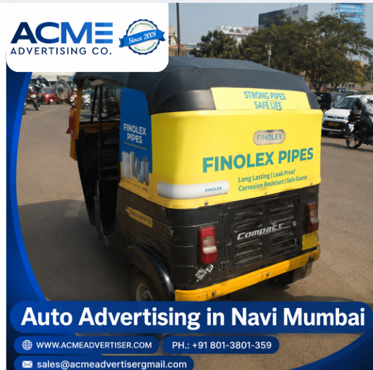 Green and yellow auto rickshaw traveling on a busy road in Navi Mumbai with a colorful rear display panel and urban surroundings.