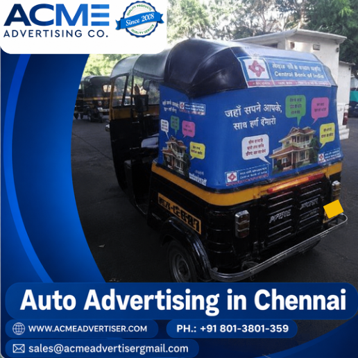 Black and yellow auto rickshaw on a roadside in Chennai with a blue rear display panel and urban street background.