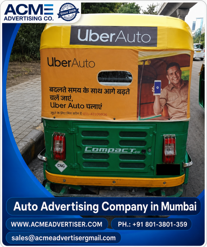 Auto advertising campaign in Mumbai featuring branded auto rickshaws with ACME Advertising Co. outdoor marketing and transit branding design.