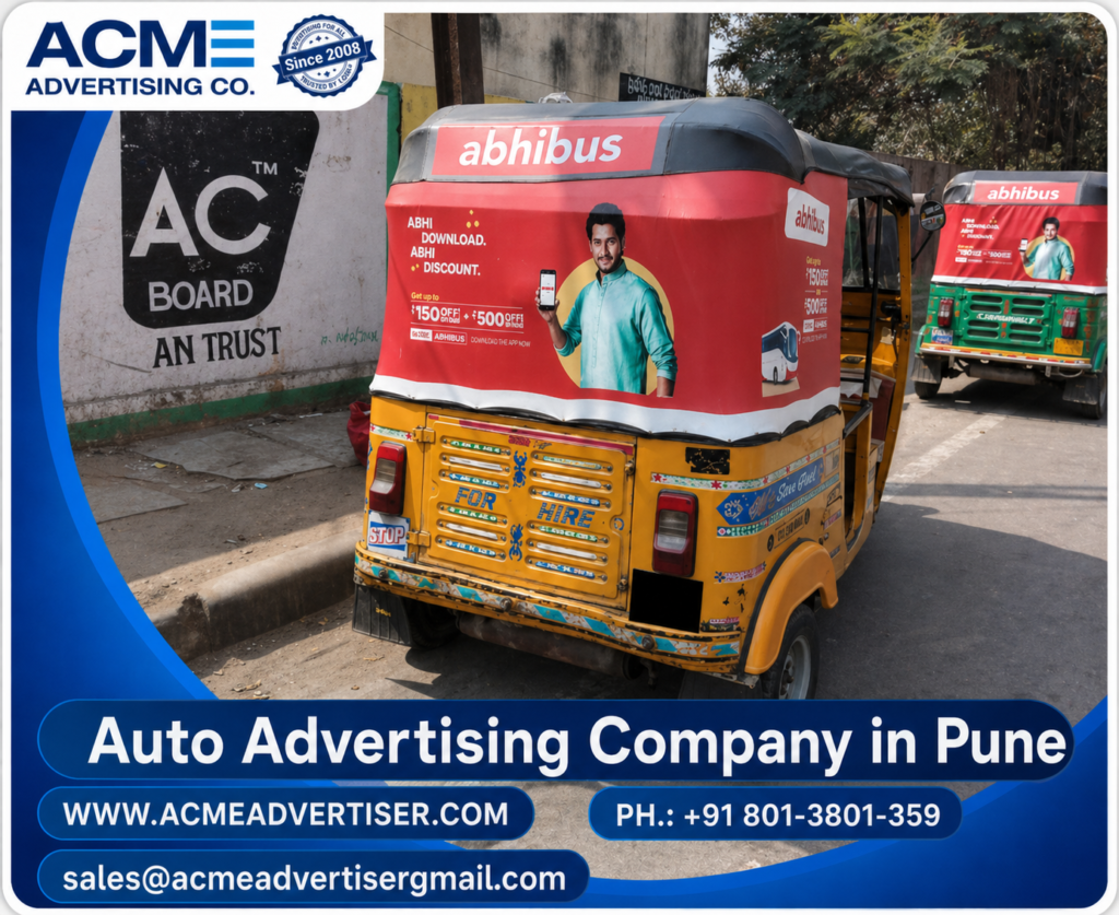 Auto advertising rickshaw campaign by ACME Advertising Company in Pune featuring TATA 1mg branding on the back of an auto rickshaw.