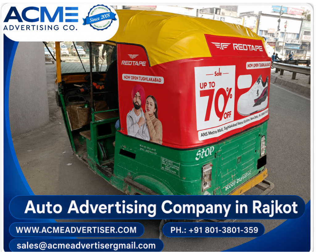 Professional outdoor transit branding campaign by ACME Advertising on busy streets in Rajkot.