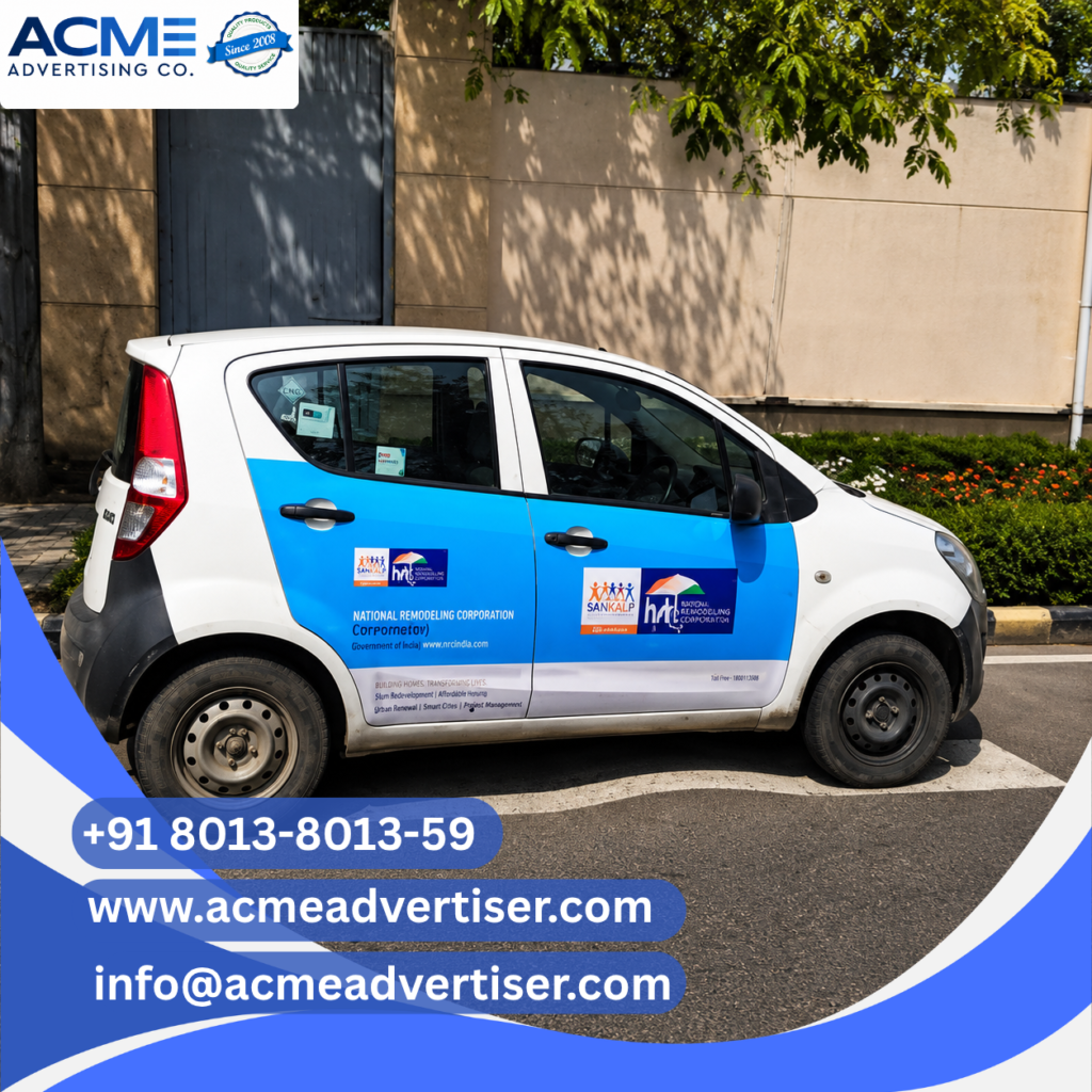 Branded taxi cab moving through a busy urban city road promoting business services through cab branding advertising campaigns.