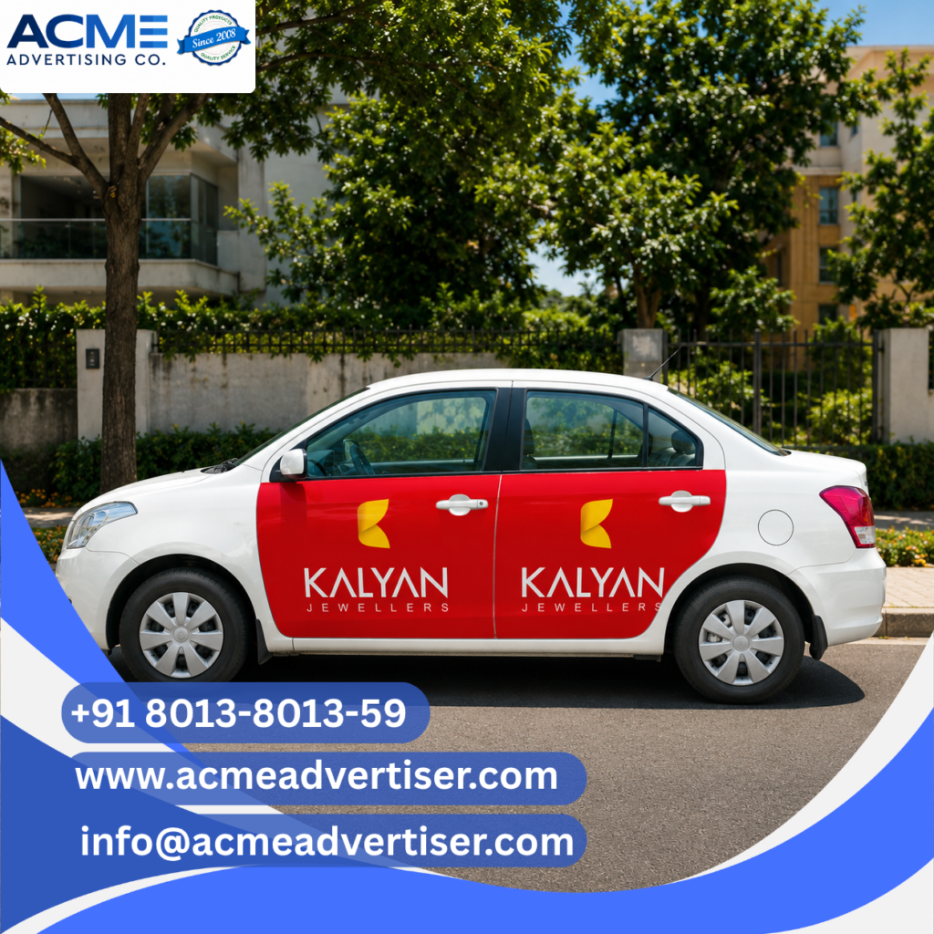 Branded taxi cab moving through a busy urban city road promoting business services through cab branding advertising campaigns.