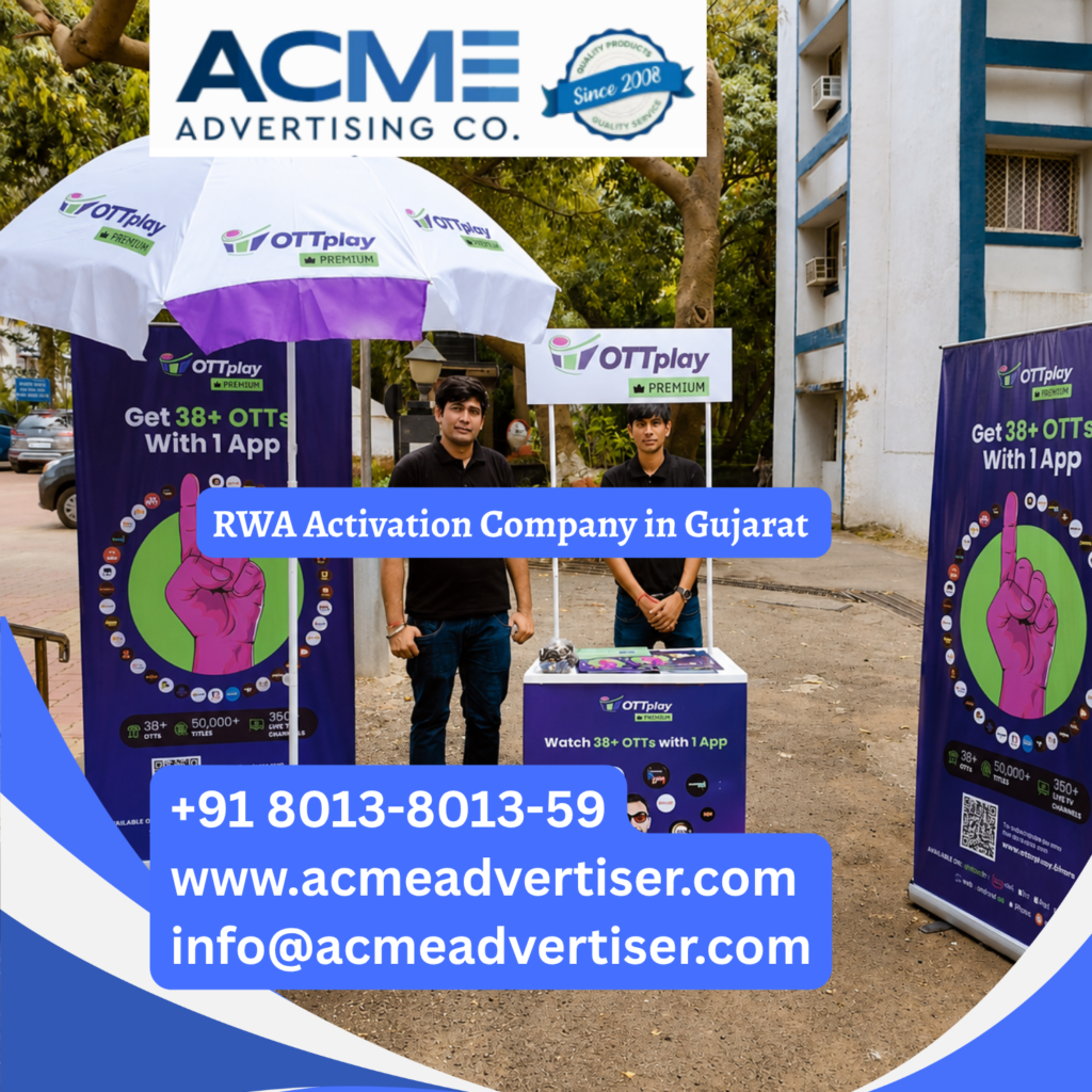 RWA activation campaign in Gujarat featuring brand promotion, resident engagement activities, product sampling, and society marketing within residential communities.