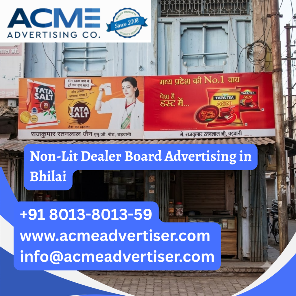 Tata Salt dealer board advertising in Bhilai showcasing non lit outdoor branding, retail signage, and local business visibility for FMCG products and grocery retailers.