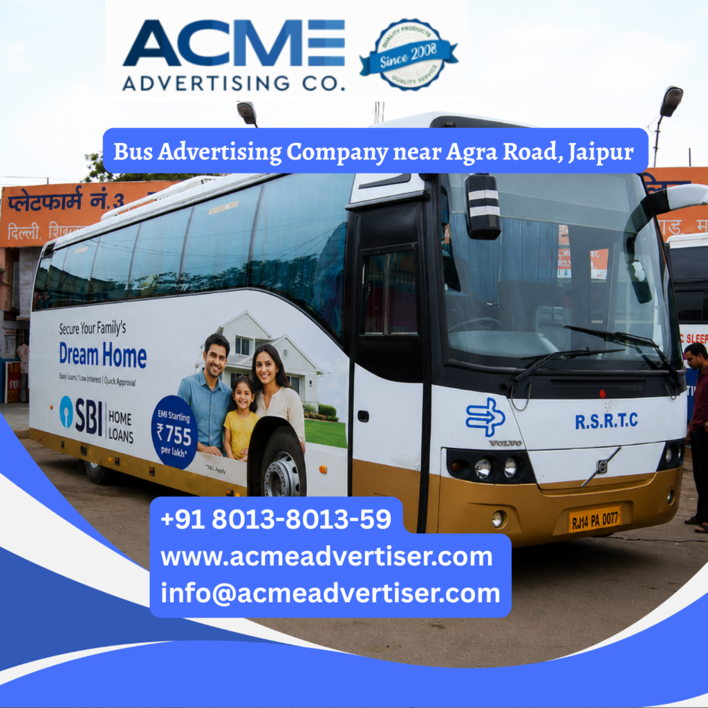 Bus advertising near Agra Road, Jaipur featuring branded transit buses traveling through Transport Nagar, Bassi, Kanota, Ghat Gate, and major commercial corridors for maximum brand visibility.