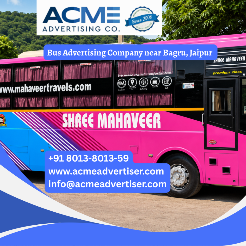 Bus advertising near Bagru, Jaipur featuring branded transit buses traveling through Jaipur Ajmer Road, NH 48, Mahapura, Bhankrota, and industrial corridors for maximum brand visibility.