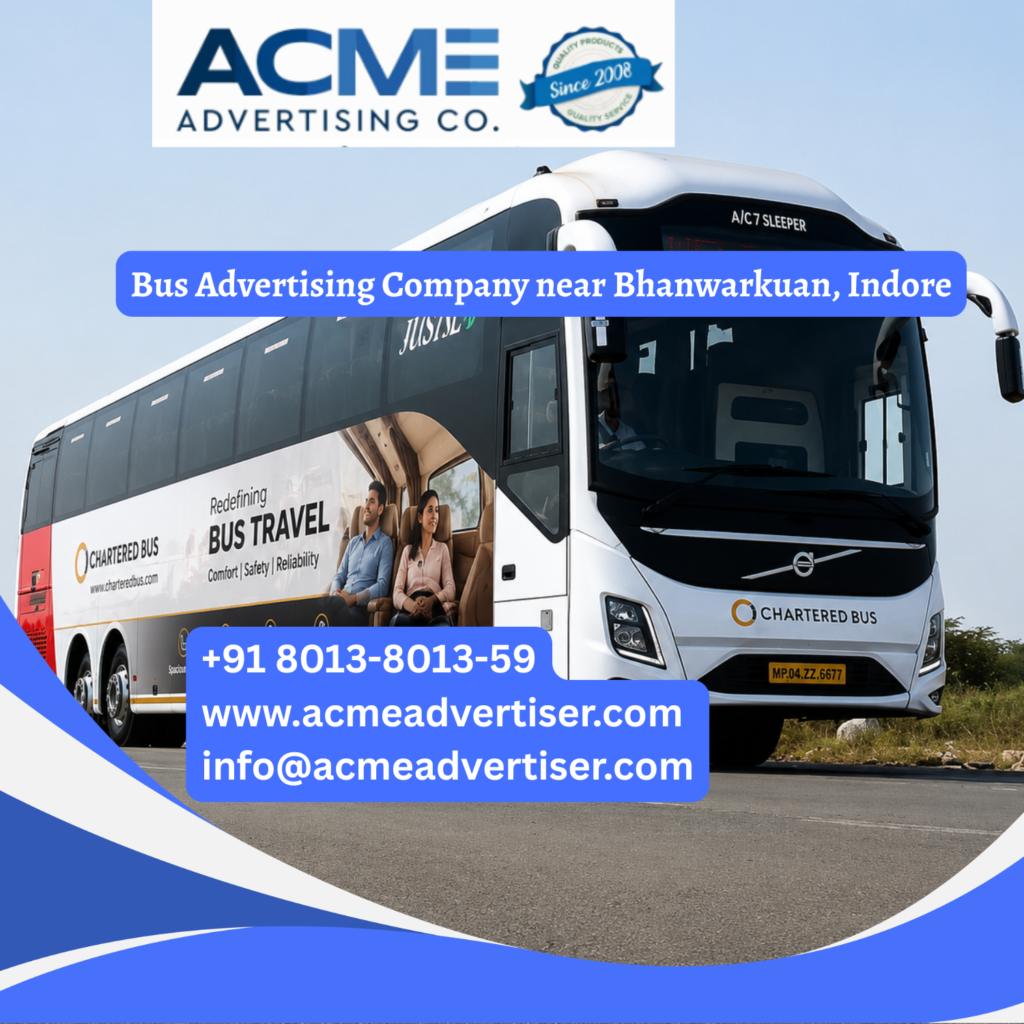 Bus advertising near Bhanwarkuan, Indore featuring branded transit buses traveling through AB Road, Navlakha, Rau, Holkar College, and major commercial corridors for maximum brand visibility.