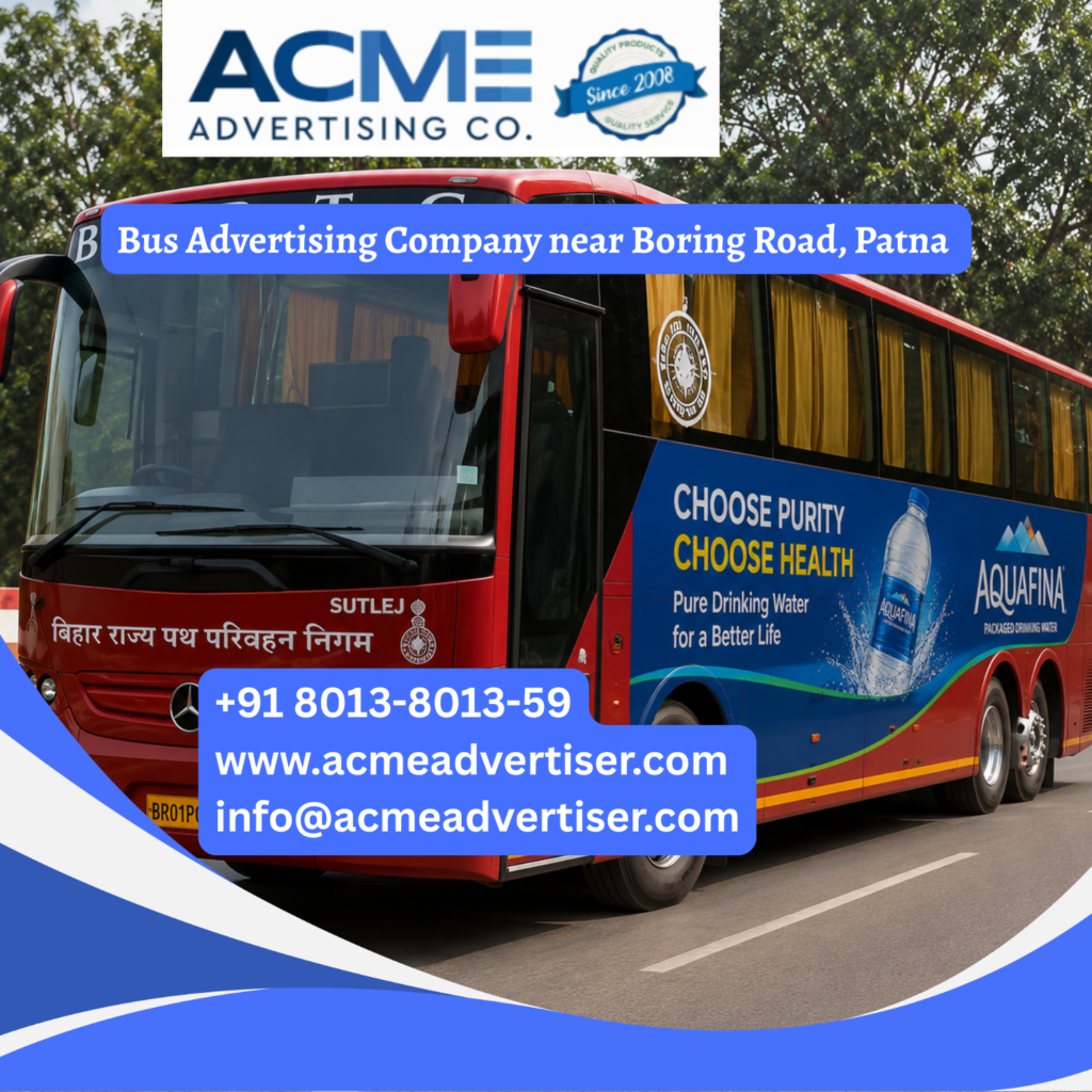 Bus advertising near Boring Road, Patna featuring branded transit buses traveling through Patliputra Colony, Bailey Road, Gandhi Maidan, and busy commercial corridors for maximum brand visibility.