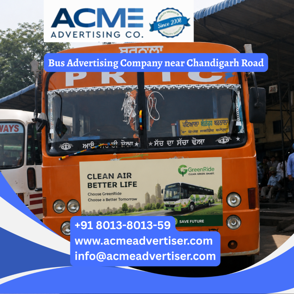 Bus advertising near Chandigarh Road, Ludhiana featuring branded transit buses traveling through Focal Point, Dhandari Kalan, Sherpur, Samrala Chowk, and Jalandhar Bypass