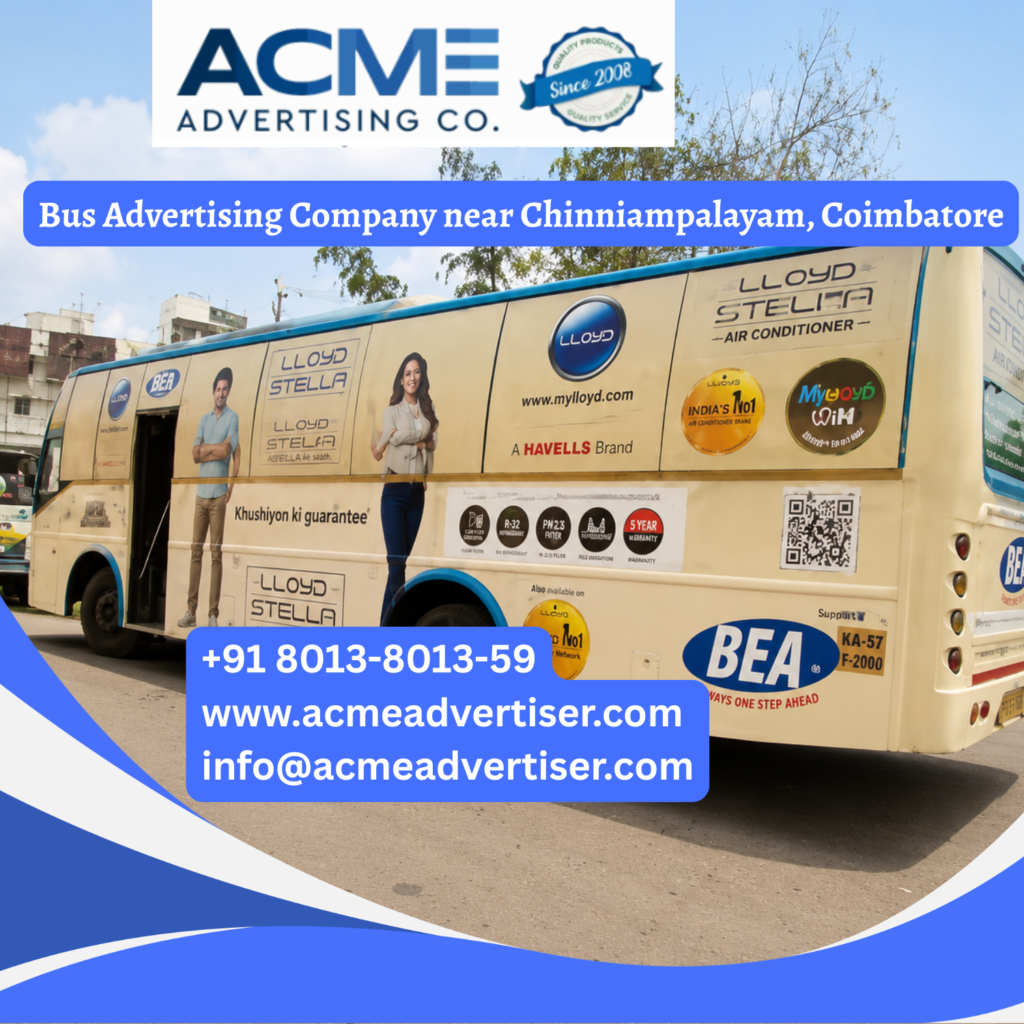 Bus Advertising Company in Noida Sector 62 Bus advertising near Chinniampalayam, Coimbatore featuring branded transit buses traveling through Avinashi Road, Coimbatore International Airport, Singanallur, and Peelamedu corridors