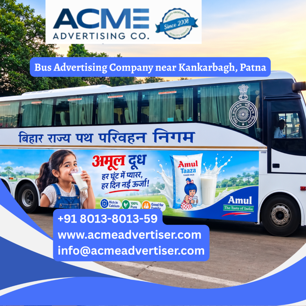 Bus advertising near Kankarbagh, Patna featuring branded transit buses traveling through Rajendra Nagar, Chiraiyatand, Patna Junction, and busy commercial corridors for maximum brand visibility.