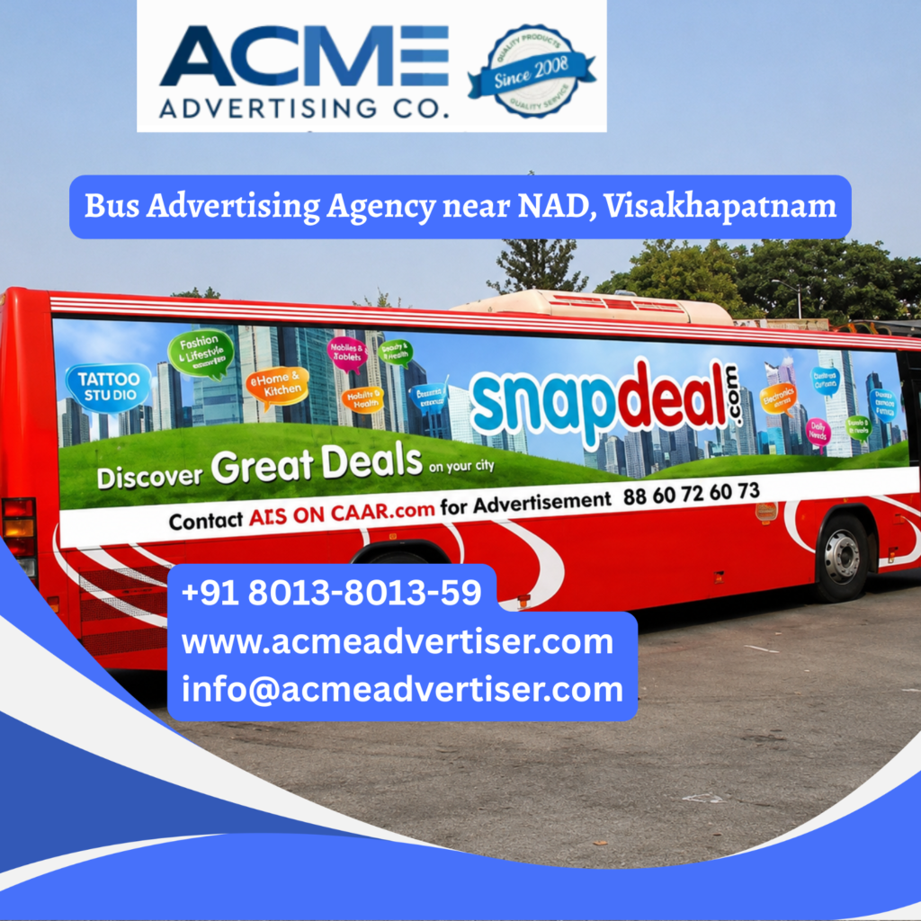 Bus advertising near NAD Junction, Visakhapatnam featuring branded transit buses traveling through Gopalapatnam, Marripalem, Airport Road, and busy commercial corridors for maximum brand visibility.