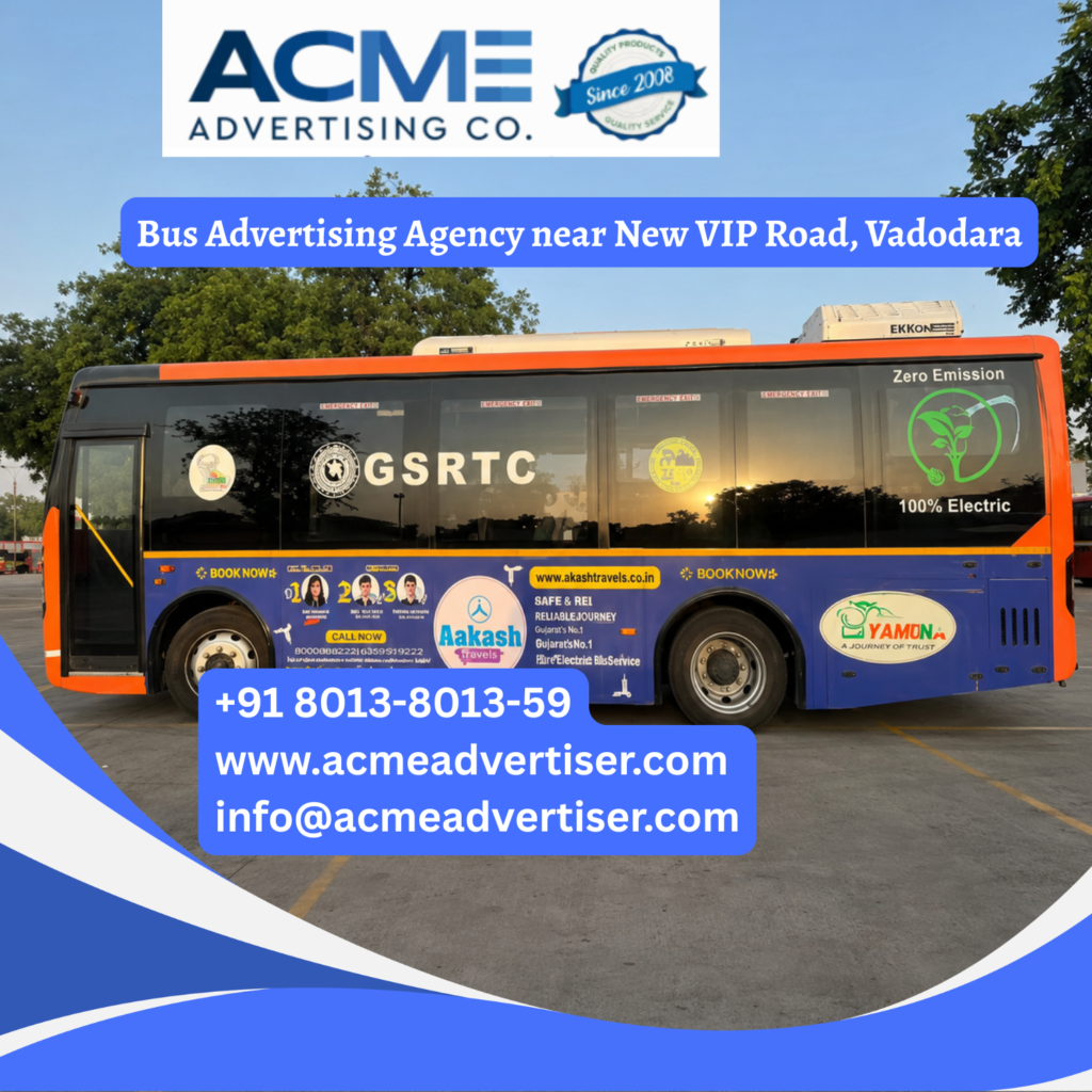 Bus Advertising Company in Nizamuddin, Delhi Bus advertising near New VIP Road, Vadodara featuring branded transit buses traveling through Karelibaug, Airport Circle, Sama, Fatehgunj, and busy commercial corridors for maximum brand visibility.