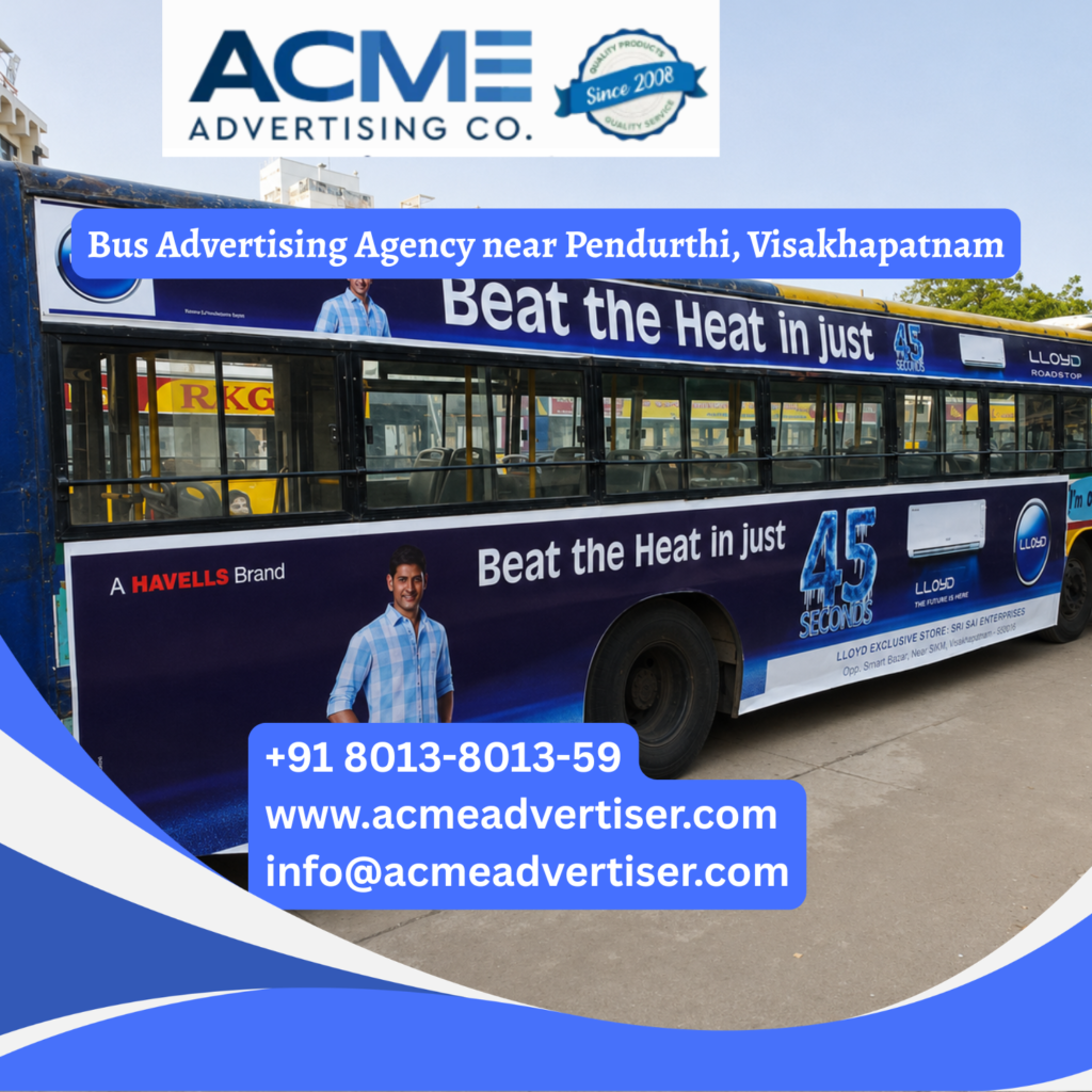 Bus advertising near Pendurthi, Visakhapatnam featuring branded transit buses traveling through NAD Junction, Gajuwaka, Gopalapatnam, and busy commercial corridors for maximum brand visibility.
