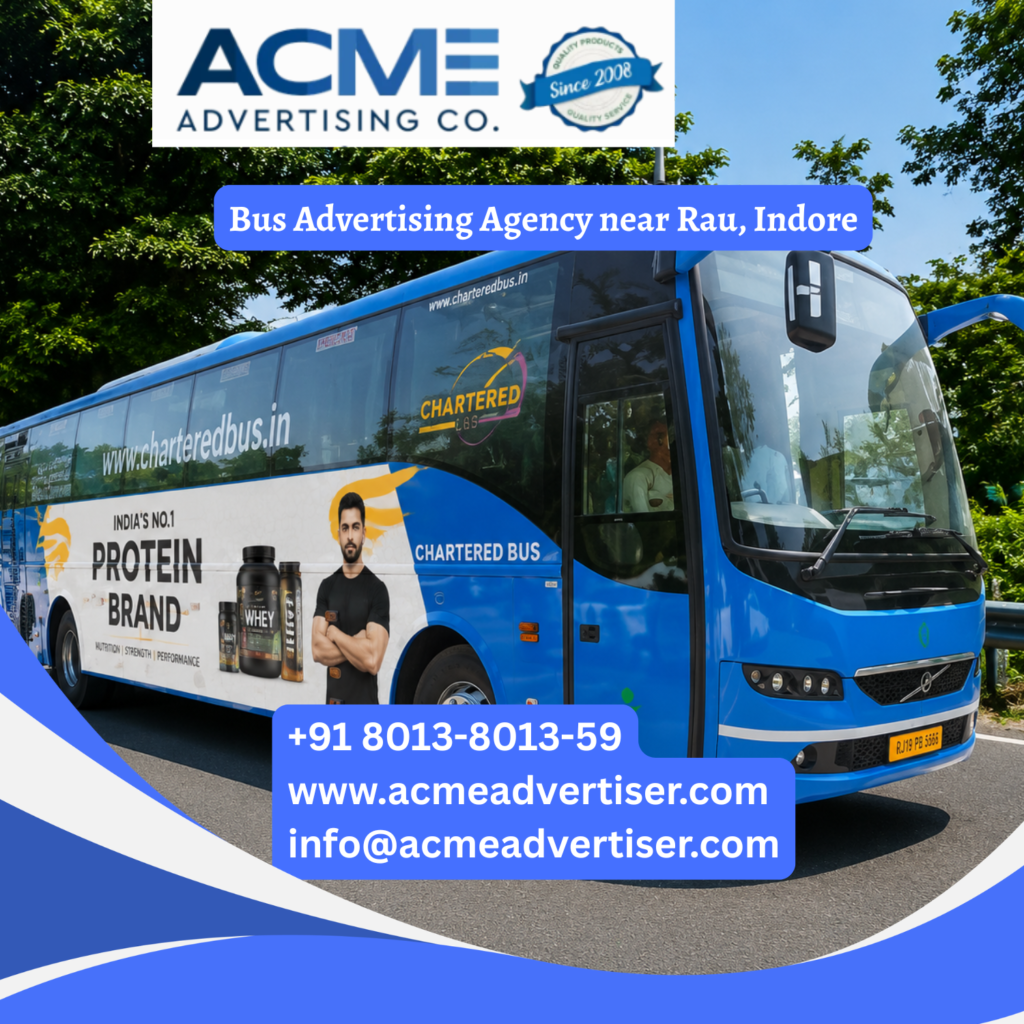 Bus advertising near Rau, Indore featuring branded transit buses traveling through AB Road, IIM Indore, Rau Pithampur Road, Rajendra Nagar, and major commercial corridors for maximum brand visibility. Bus Advertising Company in Yelahanka, Bengaluru