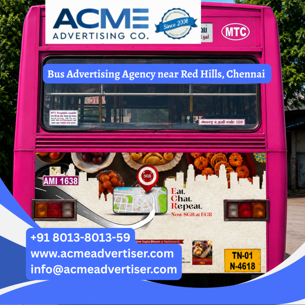 Bus advertising near Red Hills, Chennai featuring branded transit buses traveling through GNT Road, Madhavaram, Puzhal, and busy commercial corridors for maximum brand visibility.