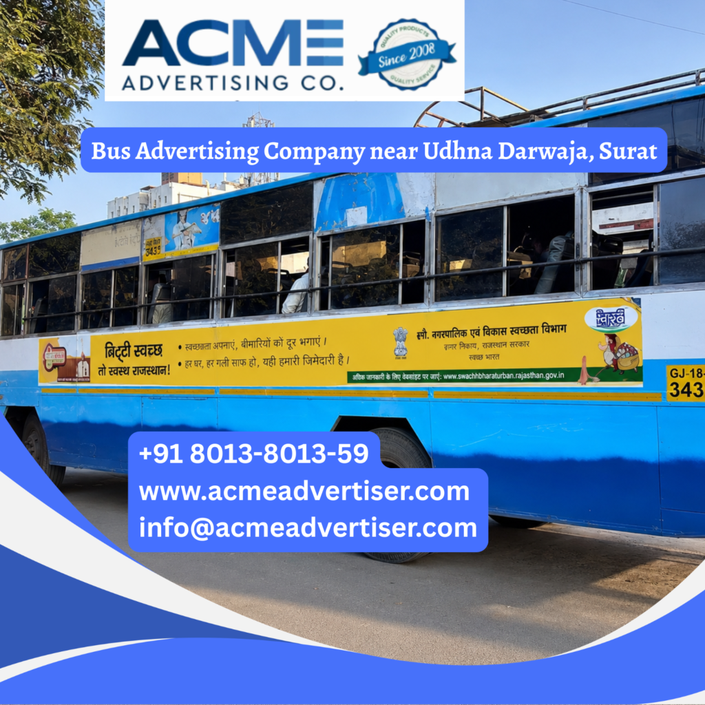 Bus advertising near Udhna Darwaja, Surat featuring branded transit buses traveling through Ring Road, Surat Railway Station, Sahara Darwaja, Textile Market, and busy commercial corridors.