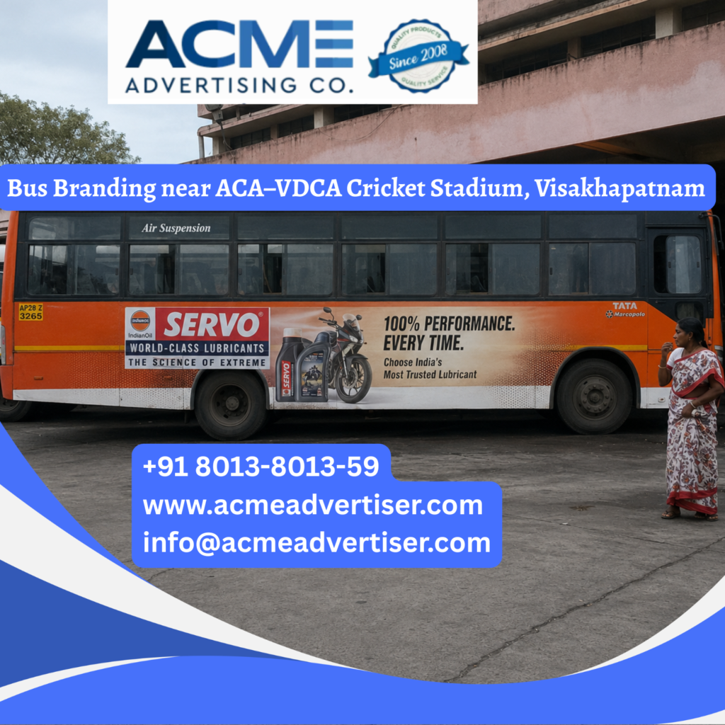 Bus branding near ACA–VDCA Cricket Stadium, Visakhapatnam featuring fully wrapped transit buses traveling through Madhurawada, PM Palem, MVP Colony, and busy city corridors for maximum brand visibility.