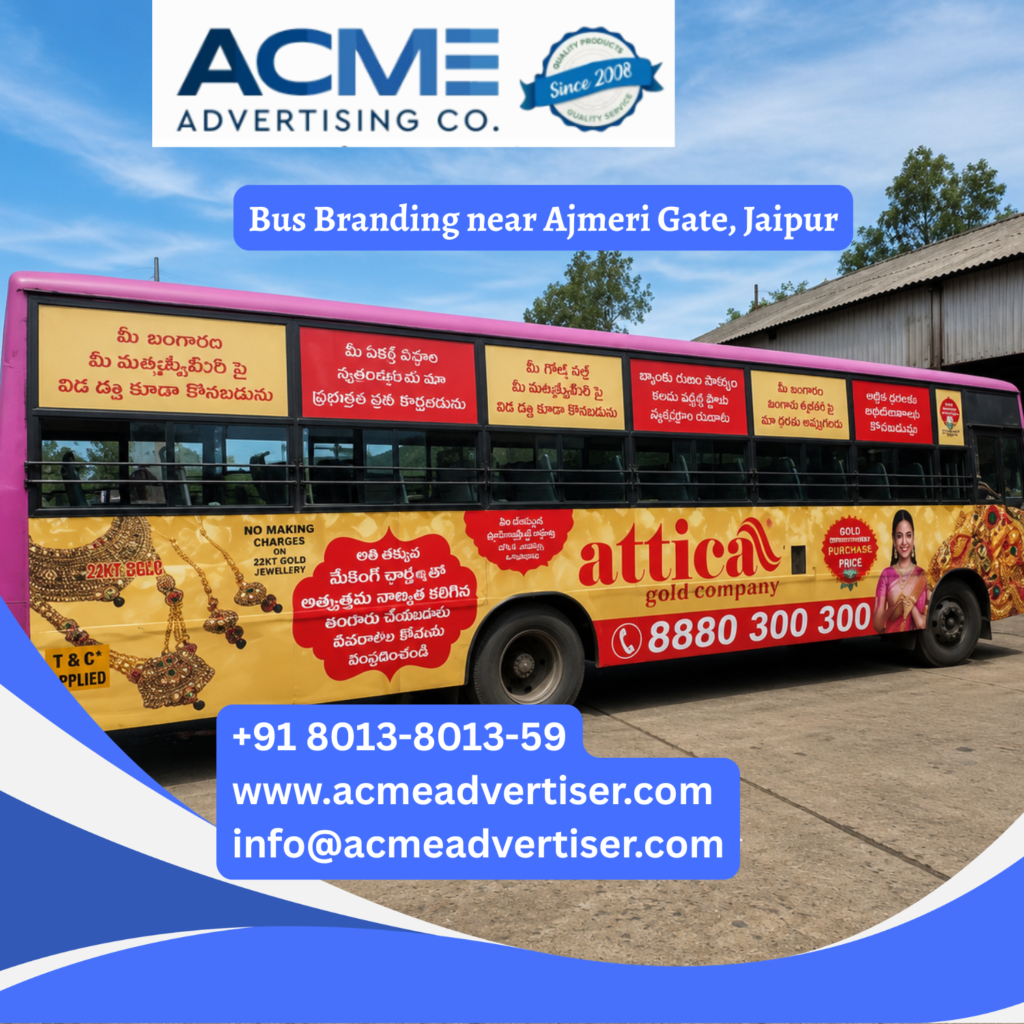 Bus branding near Ajmeri Gate, Jaipur featuring fully wrapped transit buses traveling through MI Road, Sindhi Camp, Jaipur Railway Station, Bapu Bazaar, Chandpole, and major commercial corridors