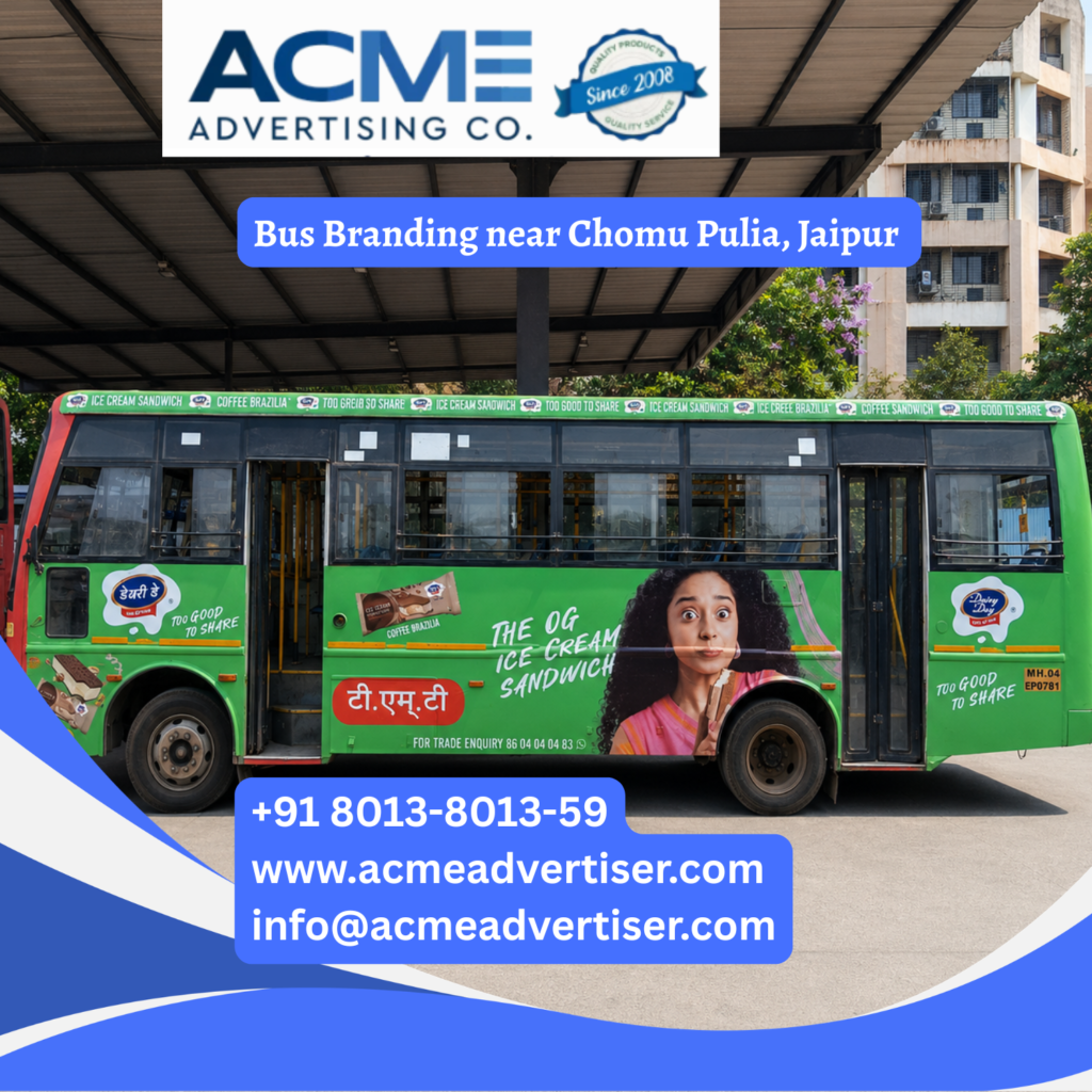 Bus branding near Chomu Pulia, Jaipur featuring fully wrapped transit buses traveling through Sikar Road, VKI Area, Murlipura, Dadi Ka Phatak, and major commuter routes for maximum brand visibility.