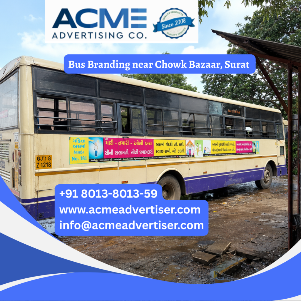 Bus branding near Chowk Bazaar, Surat featuring fully wrapped transit buses traveling through Gopi Talav, Ring Road, Surat Railway Station, Sahara Darwaja, and busy commercial corridors