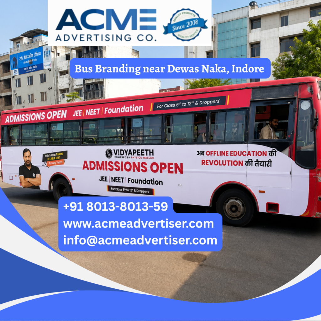 Bus branding near Dewas Naka, Indore featuring fully wrapped transit buses traveling through AB Road, Super Corridor, Vijay Nagar, MR 10 Road, and major industrial corridors for maximum brand visibility.