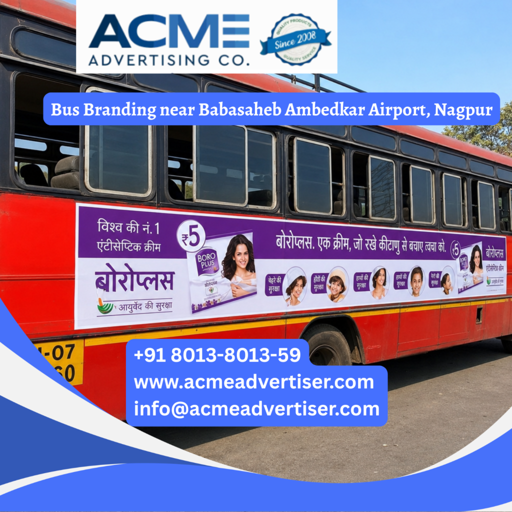 Bus branding near Dr. Babasaheb Ambedkar International Airport, Nagpur featuring fully wrapped transit buses traveling through MIHAN, Khapri, Wardha Road, and major airport corridors