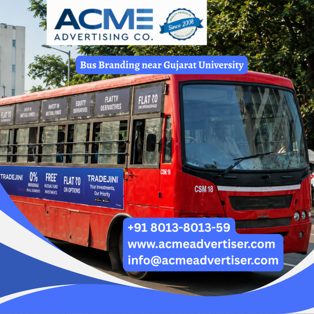 Bus Branding Company in India Bus branding near Gujarat University, Ahmedabad featuring fully wrapped transit buses.