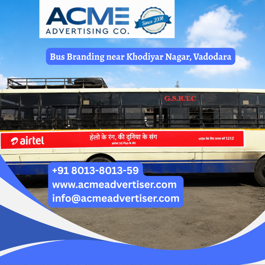 Bus branding near Khodiyar Nagar, Vadodara featuring fully wrapped transit buses traveling through Ajwa Road, Karelibaug, Waghodia Road, and major commercial corridors for maximum brand visibility.