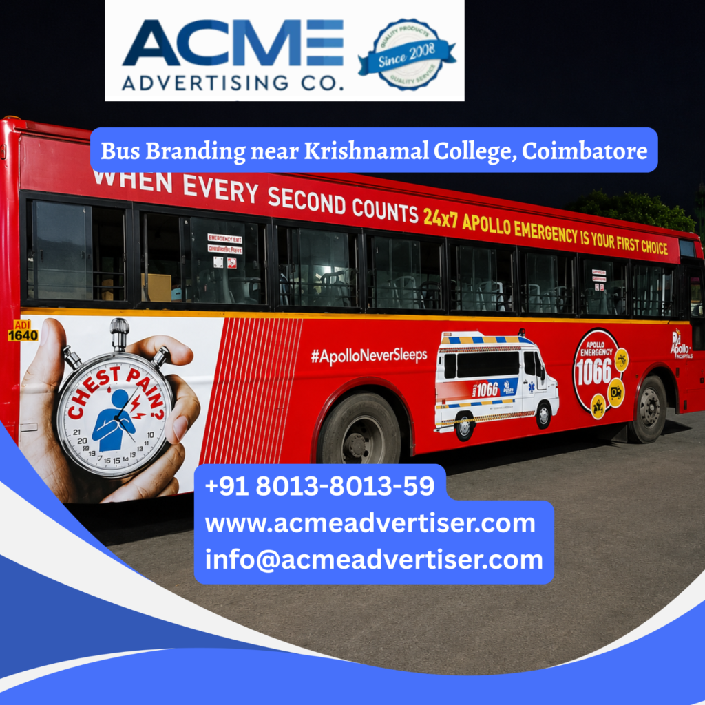 Bus branding near Krishnamal College, Coimbatore featuring fully wrapped transit buses traveling through Avinashi Road, Peelamedu, Hope College, and major educational corridors Bus Advertising Company in Shanthinagar, Bengaluru.