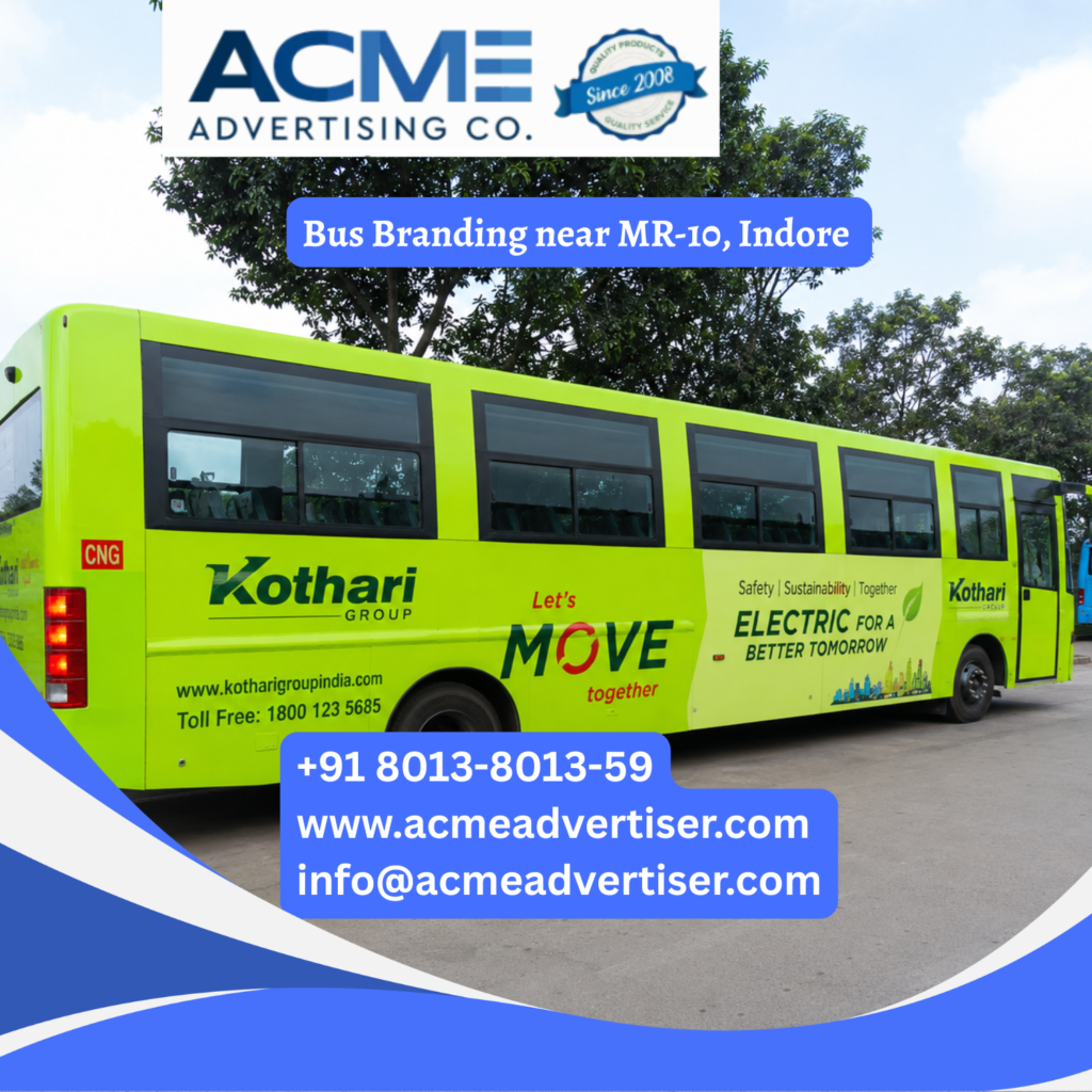 Bus branding near MR 10, Indore featuring fully wrapped transit buses traveling through Vijay Nagar, Super Corridor, Scheme No. 78, Niranjanpur, and major commercial routes for maximum brand visibility.