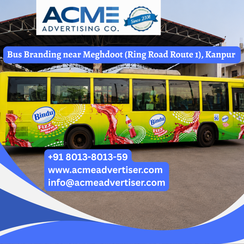 Bus branding near Meghdoot Ring Road Route 1, Kanpur featuring fully wrapped transit buses operating through Kalyanpur, Rawatpur, Kakadeo, and busy commercial corridors for maximum brand visibility. Bus Advertising Agency near Perambur, Chennai