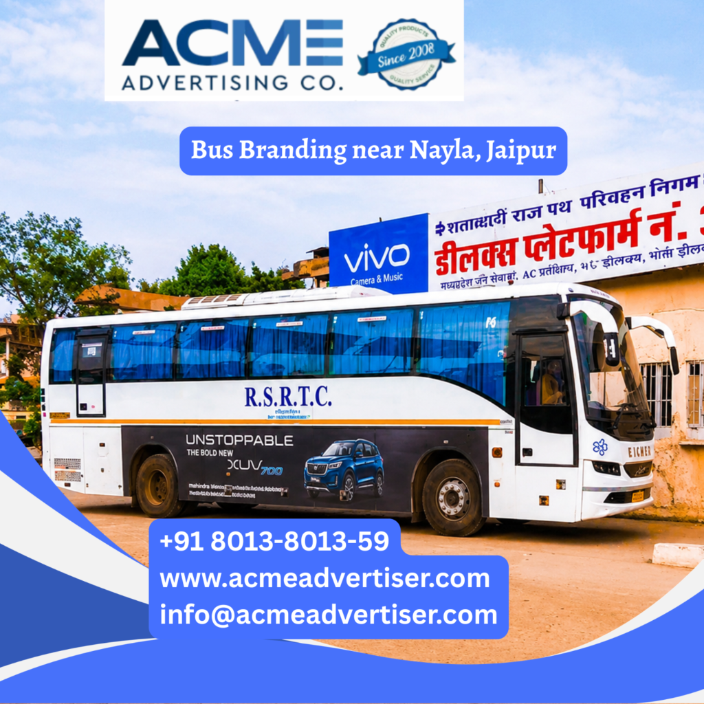 Bus branding near Nayla, Jaipur featuring fully wrapped transit buses traveling through Agra Road, Bassi, Kanota, Transport Nagar, and major commuter corridors for maximum brand visibility.