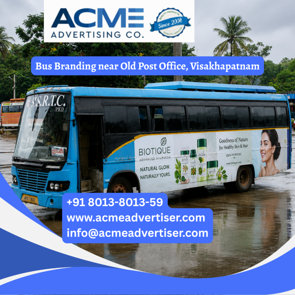 Bus branding near Old Post Office, Visakhapatnam featuring fully wrapped transit buses traveling through Jagadamba Junction, Dwarakanagar, Beach Road, and busy commercial corridors