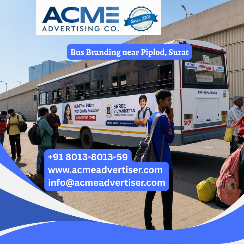 Bus branding near Piplod, Surat featuring fully wrapped transit buses traveling through VIP Road, Vesu, Citylight, Athwalines, and Dumas Road for maximum brand visibility. Bus Advertising Company in Delhi Corridor.