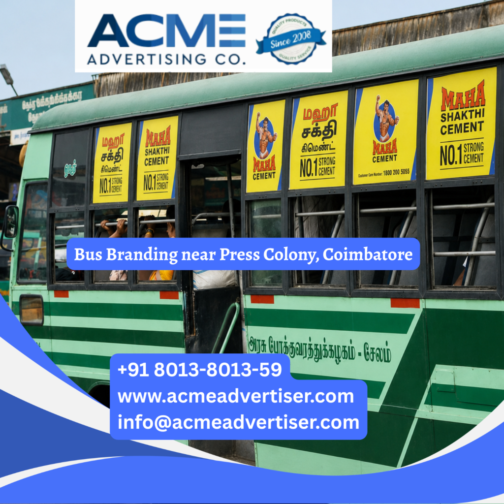 Bus branding near Press Colony, Coimbatore featuring fully wrapped transit buses traveling through Mettupalayam Road, Thudiyalur, Saravanampatti, and Gandhipuram