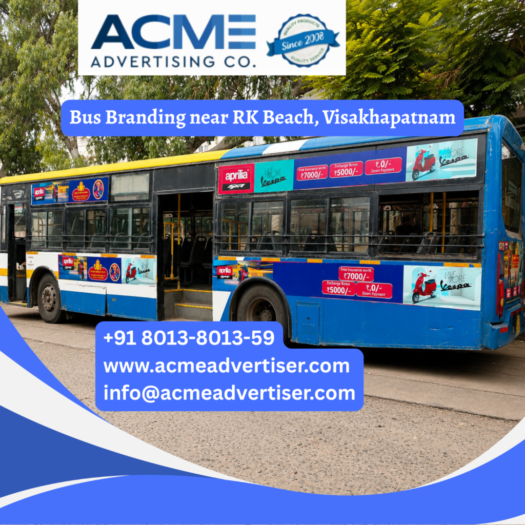 Bus branding near RK Beach, Visakhapatnam featuring fully wrapped transit buses traveling through Beach Road, Siripuram, Jagadamba Junction, and busy commercial corridors for maximum brand visibility.
