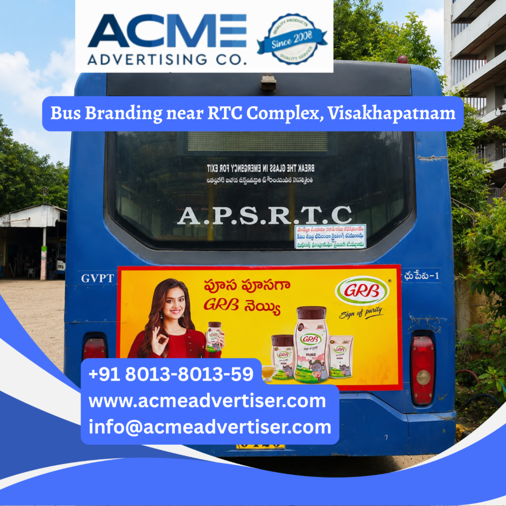 Bus branding near RTC Complex, Visakhapatnam featuring fully wrapped transit buses traveling through Dwaraka Nagar, Asilmetta, Jagadamba Junction, and busy commercial corridors.