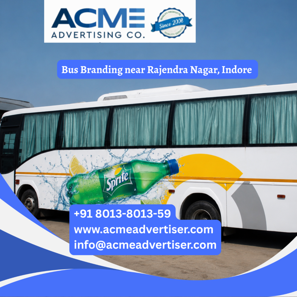 Bus branding near Rajendra Nagar, Indore featuring fully wrapped transit buses traveling through Rau Road, A.B. Road, Annapurna Road, Bhawarkua, and major commercial corridors